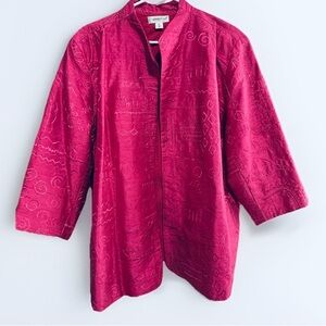 Silk Jacket Rose Pink 3/4 Sleeves Embroidered Open Front Size 2X